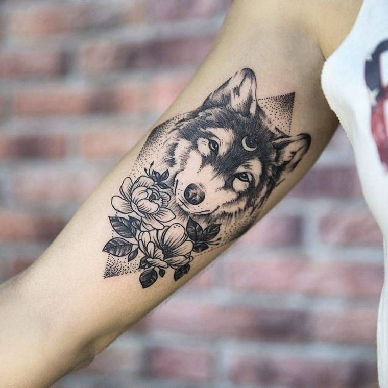 wolf tattoo forearm-flowers