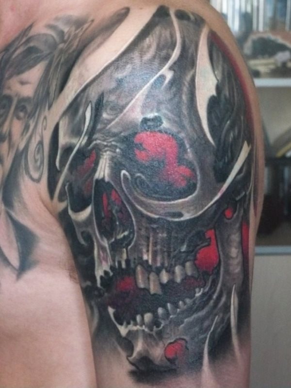 A large skull with a deep red background