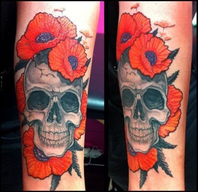 A new skull surrounded by large orange flowers