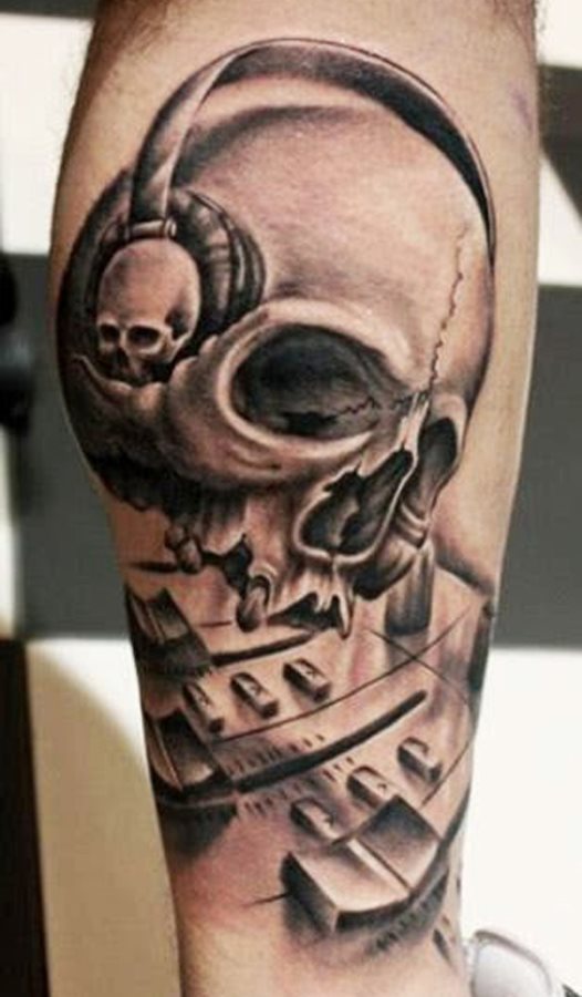 Tattoo of a skull on a mixer that seems to listen to music