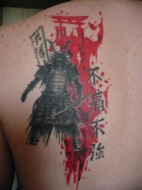 Design of a warrior on a red background and with Japanese characters aside