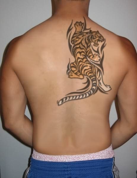 Design of a tiger on his back, furious, surrounded by simple tribal style lines