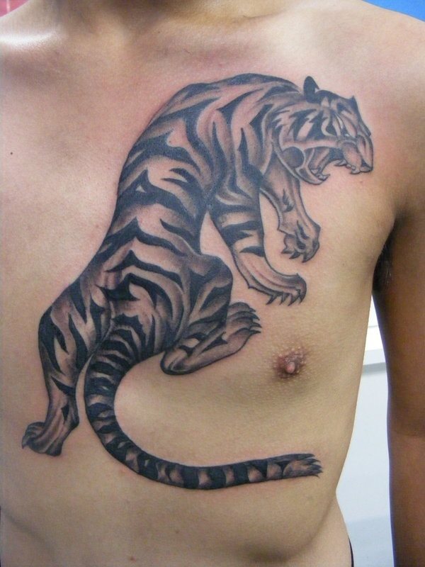 A new design of a tiger with its back tattooed on the chest