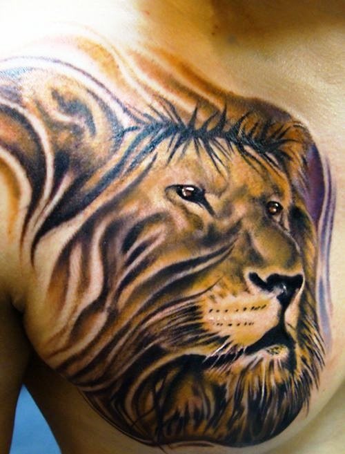 Tattoo of the head of a wet lion on the chest, highlights the great brightness achieved in the eyes and the great harmony that has all the lion's fur on the body, with faded finishes that feel very good on the skin